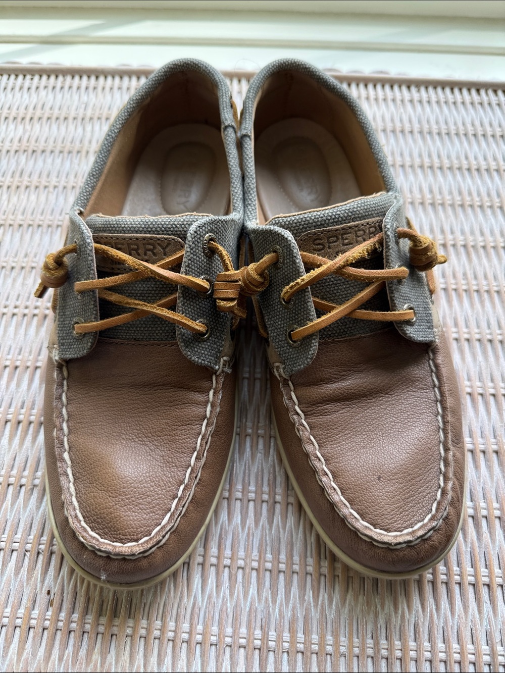 Sperry Men’s Tan Leather & Gray Canvas Boat Shoes